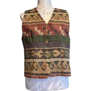 Vintage Womens Vest Sz Medium Earth Tones Tribal Aztec Gold Satin Professor